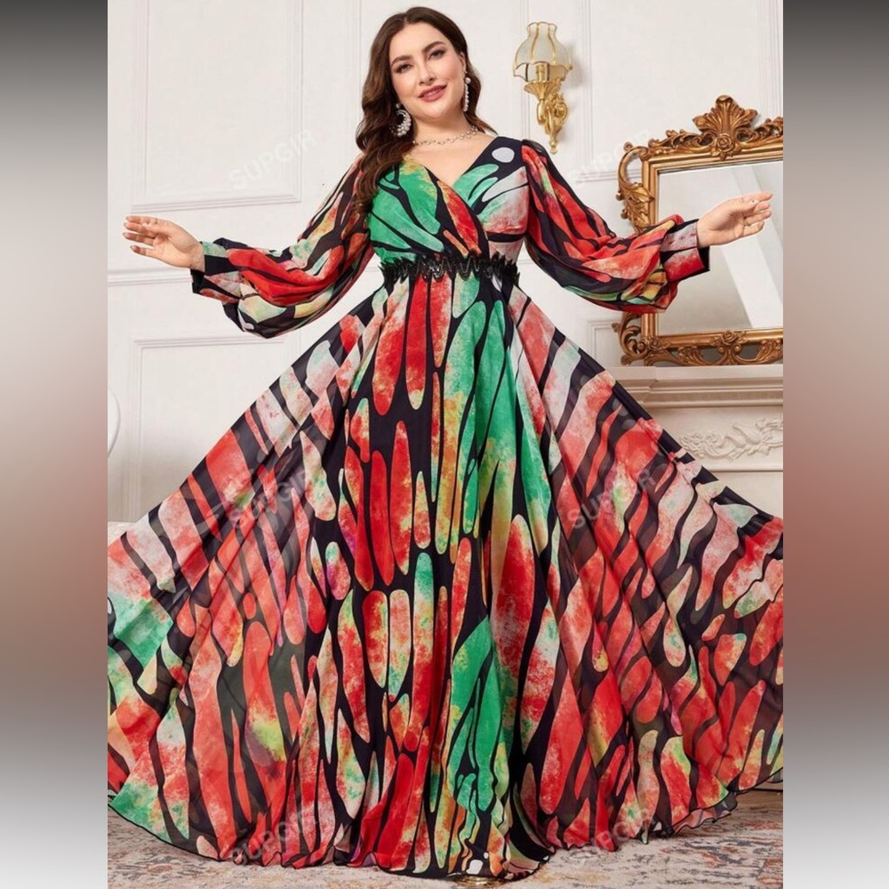 SHEIN Multicolor Vibrant Butterfly Print Long Sleeve Flowy Maxi Dress Size 3XL